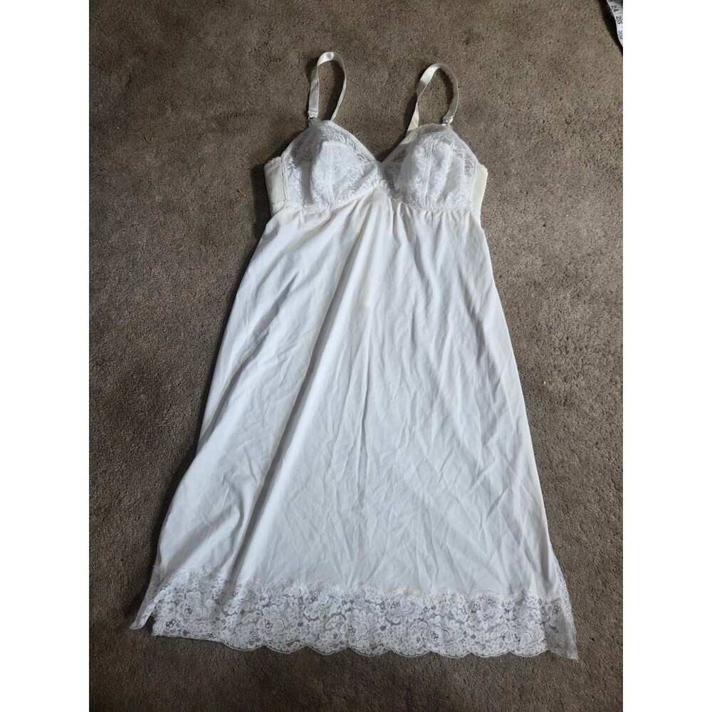 Vanity Fair Womens Vintage White Lace Trim Slip Dress Size 36C Lingerie Coquette